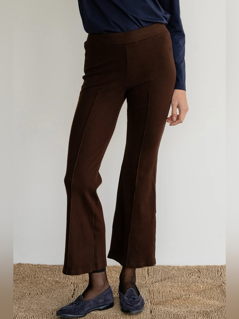 DONNI Rib Kick Flare Pintuck Ankle Pants in Espresso Brown Size Medium
